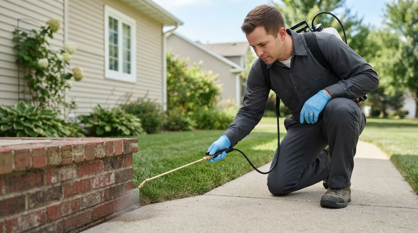 Pest control technician treating a home near Pella, IA