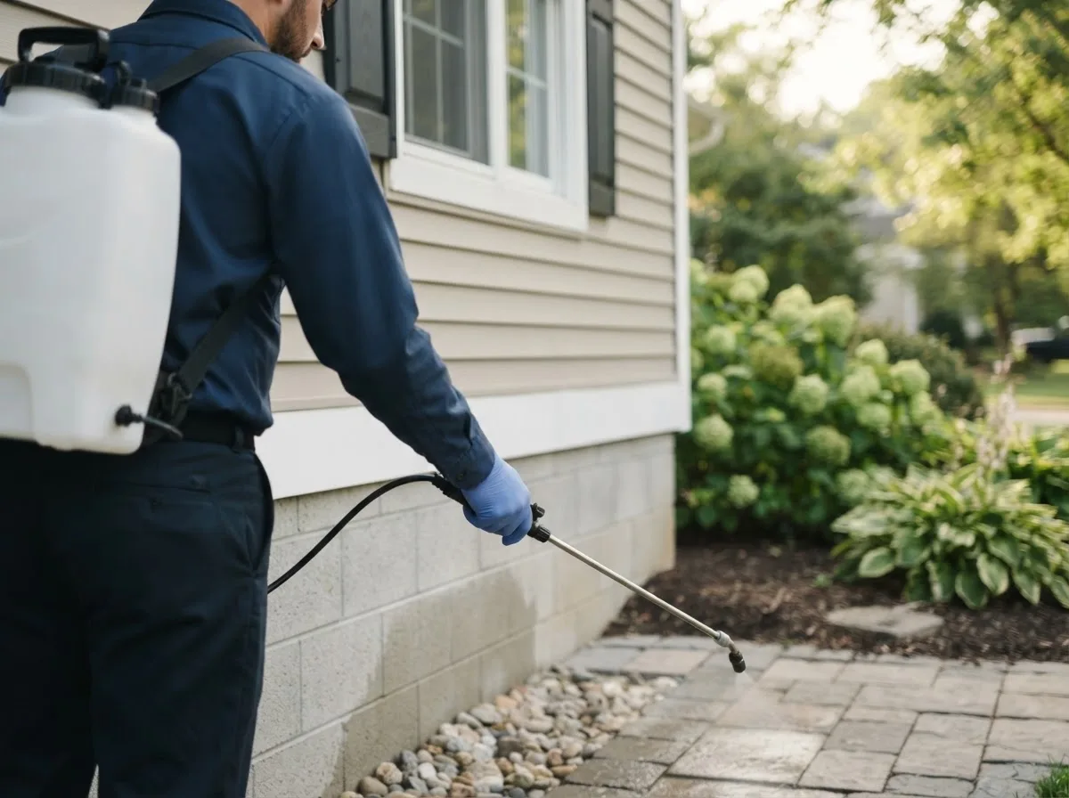 Pest control technician inspecting a home in Pella, IA